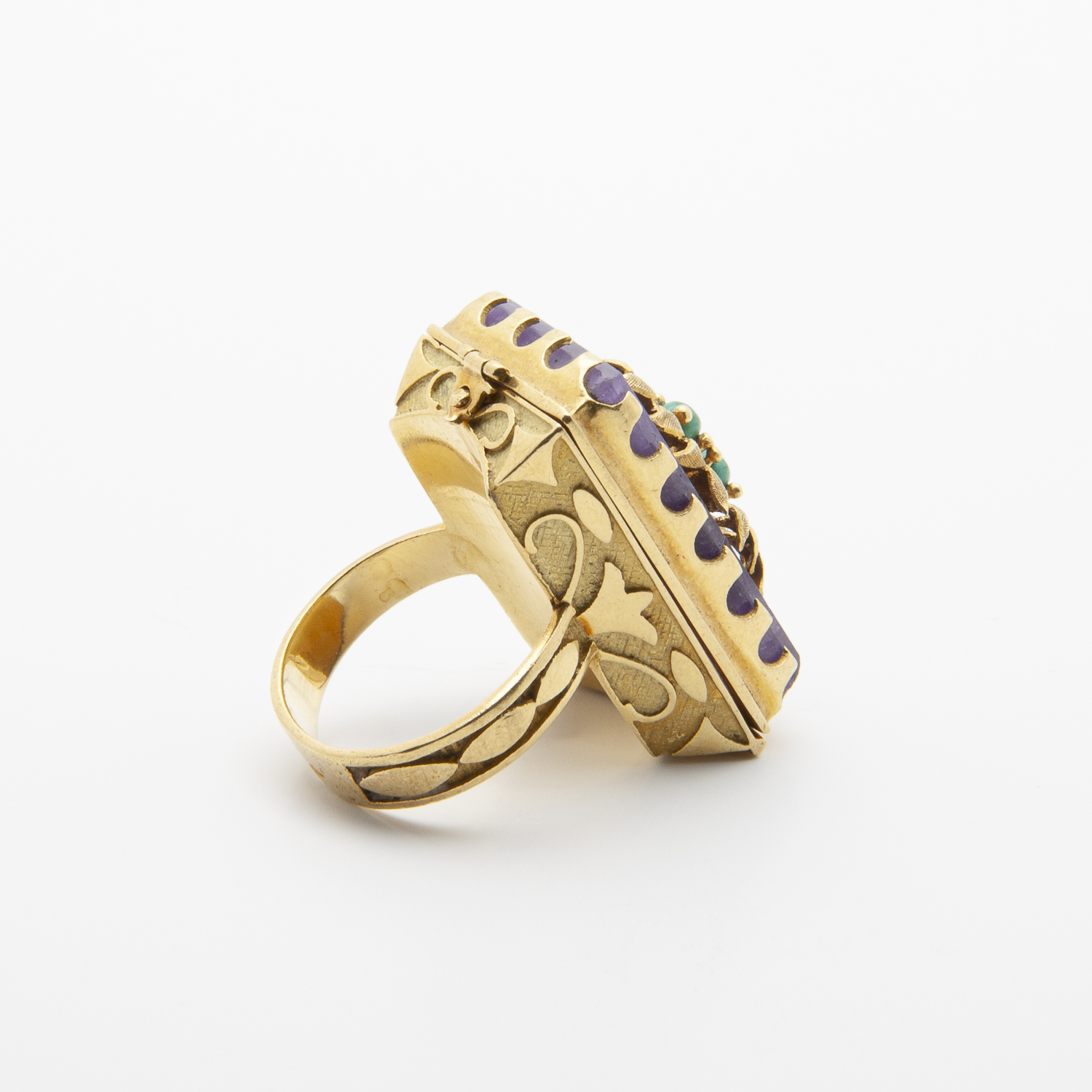 Anillo relicario de oro amarillo18K con amatista y amazonita - Imagen 2