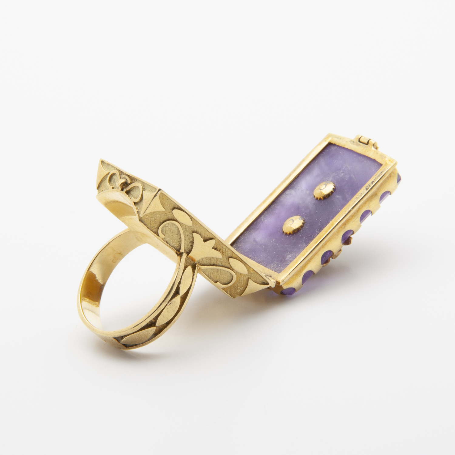 Anillo relicario de oro amarillo18K con amatista y amazonita - Imagen 3