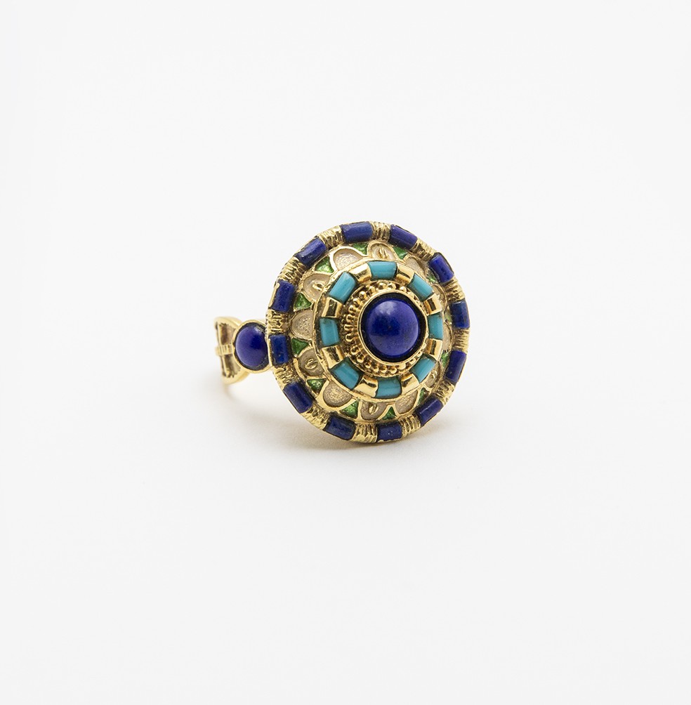 18k gold ring, with lapis lazuli, turquoise and enamels